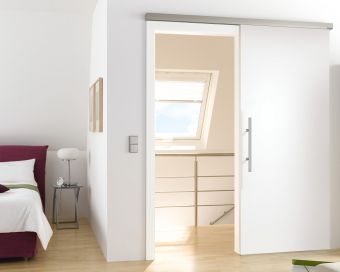Moderne weiße Schiebetür mit Edelstahlgriff – platzsparende Türlösung in einem Schlafzimmer in Köln oder Leverkusen