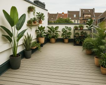 Moderne Dachterrasse mit WPC-Dielen und grünen Pflanzen in Köln